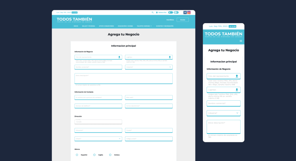 Business page creation form shown on desktop and mobile