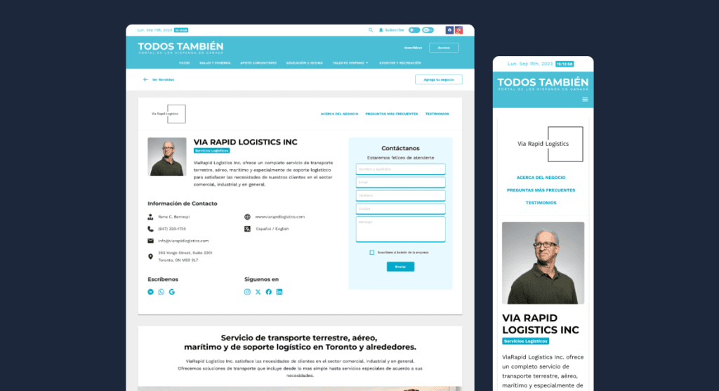 Business landing page layout shown on desktop and mobile