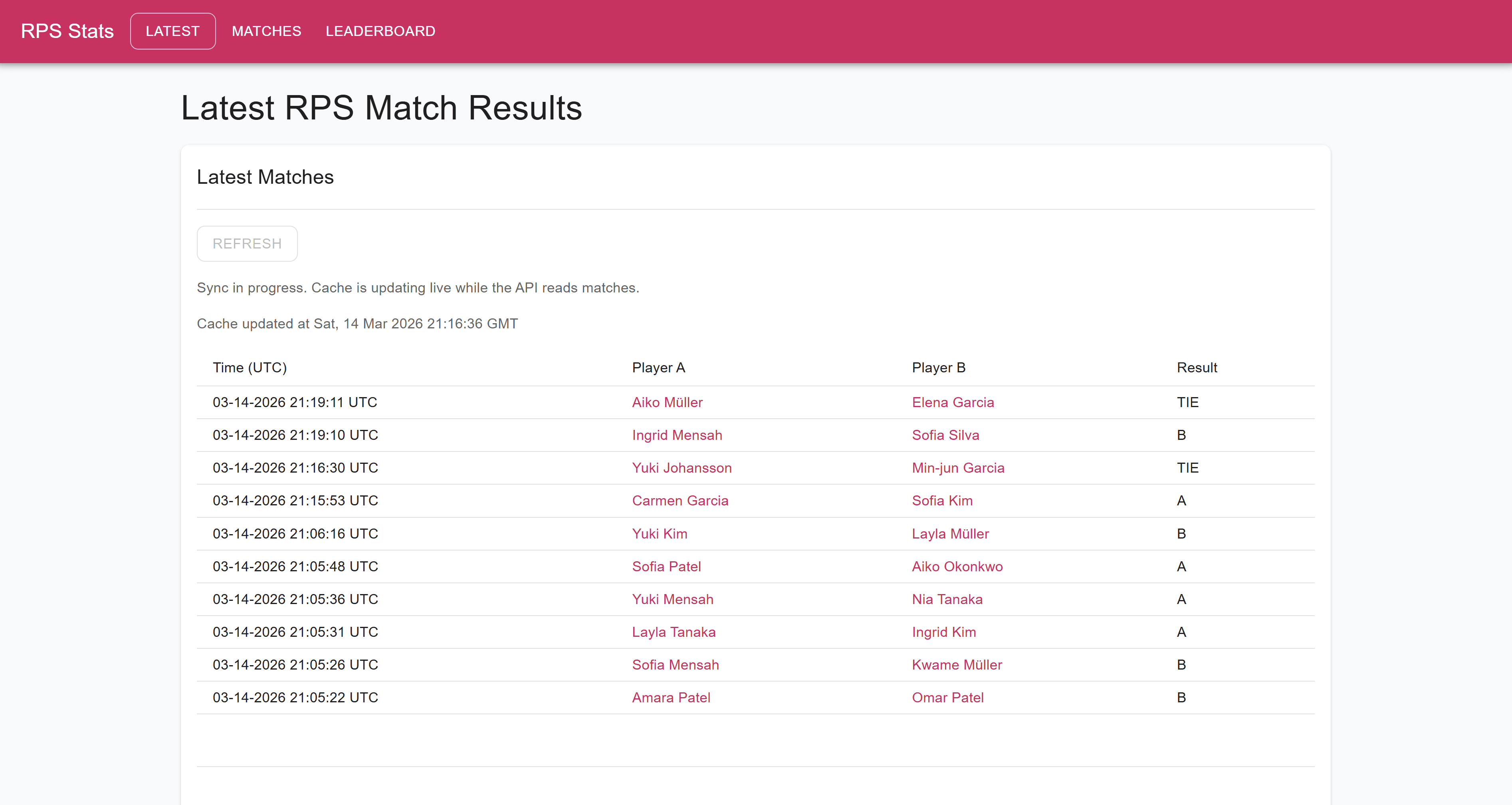 Latest rock-paper-scissors matches and cache refresh status